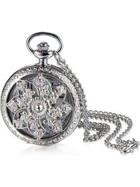 Womens Silver Quartz Antique Bronze Retro Hollow Rose Flowers Round Pocket Watch